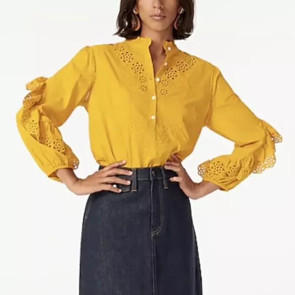 J. Crew Ruffle Sleeve Top Blouse Embroidered Eyelet Black Button Down - Picture 2 of 15